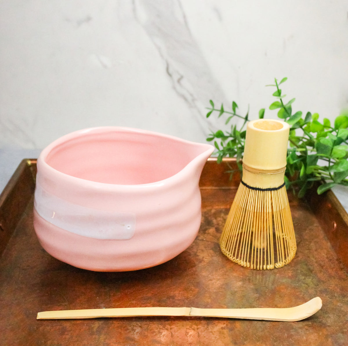 Pink White Brushstroke Ceramic Japanese Matcha Green Tea Bowl Whisk & Scoop Set