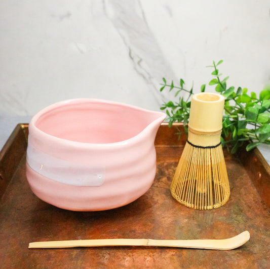 Pink White Brushstroke Ceramic Japanese Matcha Green Tea Bowl Whisk & Scoop Set