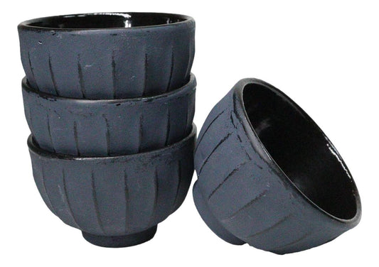 Dark Gray Ridged Lines Japanese Tetsubin Style Cast Iron Tea Cups Set of 4