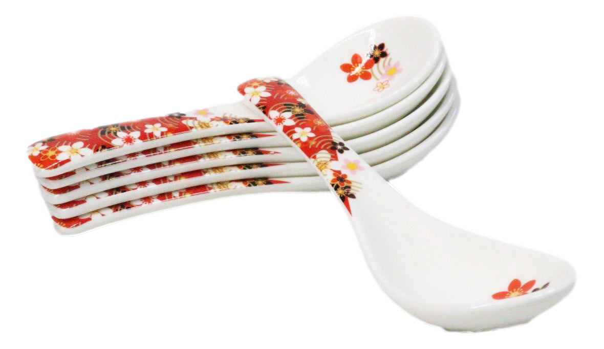 Set of 6 Sakura Cherry Blossoms Porcelain Asian Soup Spoons Japanese Ramen Pho