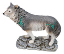 Gray Wolf with Turquoise Rocks Ornaments On The Prowl On Rocky Ground Figurine
