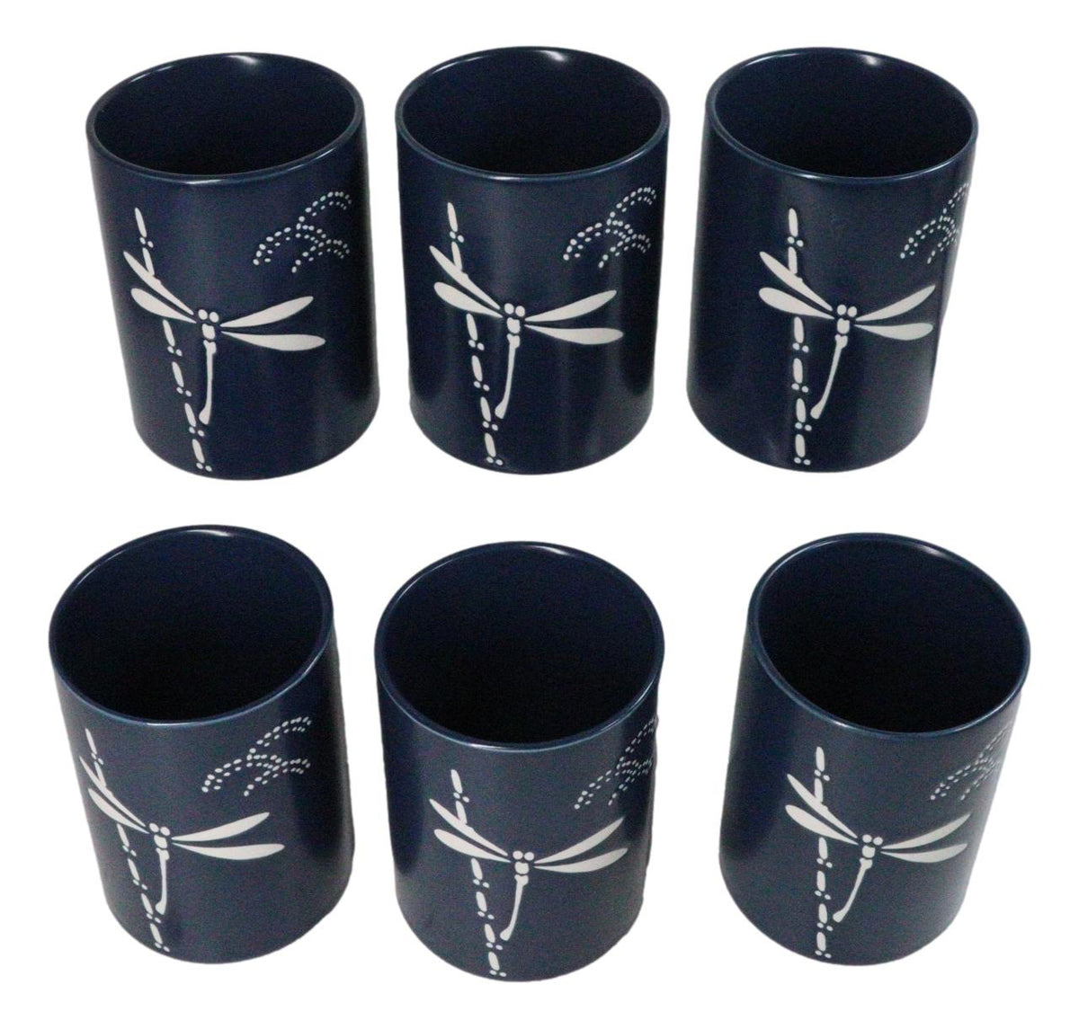 Blue Dragonfly Yunomi Japanese Tea Cups Set of 6 Reactive Glaze Ceramic 10 oz