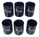 Blue Dragonfly Yunomi Japanese Tea Cups Set of 6 Reactive Glaze Ceramic 10 oz