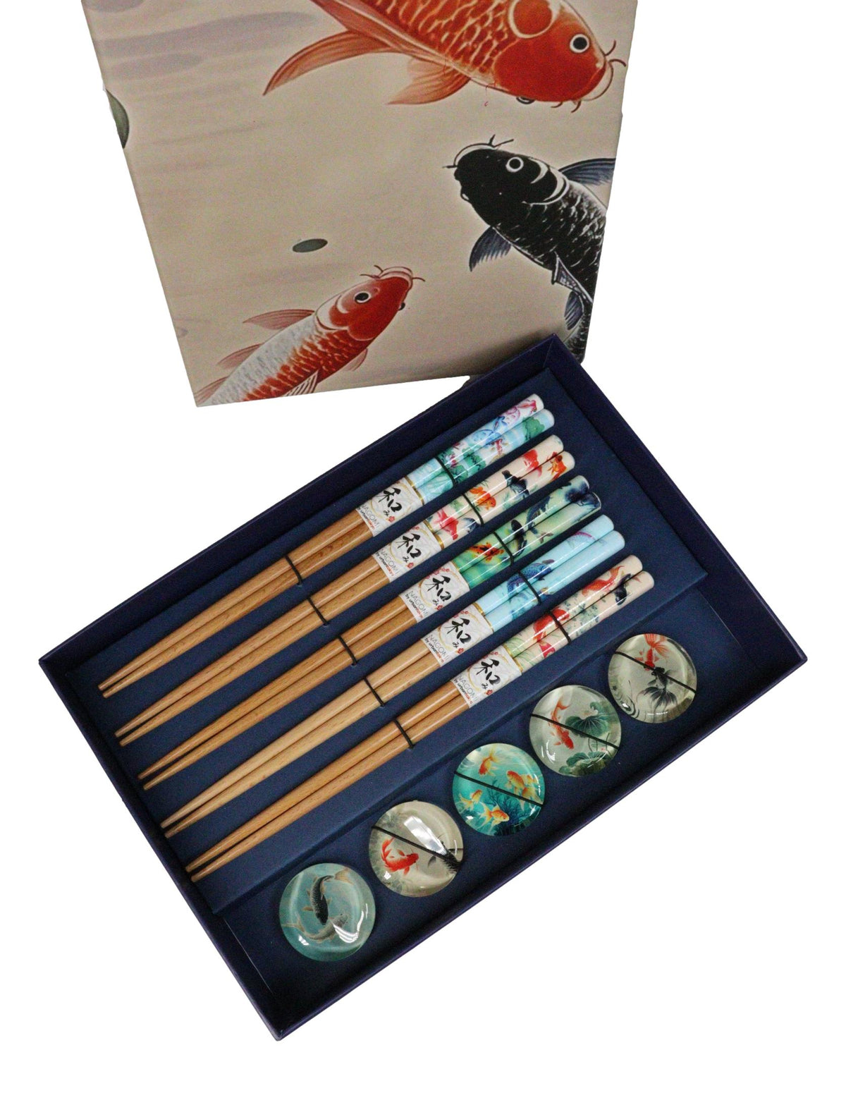 5 Pairs Of Koi Fishes In Pond Buttons Ceramic Rests With Wooden Chopsticks Set