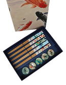 5 Pairs Of Koi Fishes In Pond Buttons Ceramic Rests With Wooden Chopsticks Set