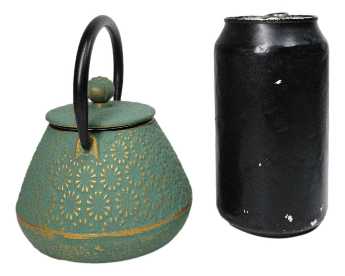 Green And Gold Chrysanthemum Textured Petite Cast Iron Teapot 10oz Tea Pot