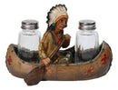Native American Indian Chief In Canoe Boat Salt and Pepper Shaker Holder Set