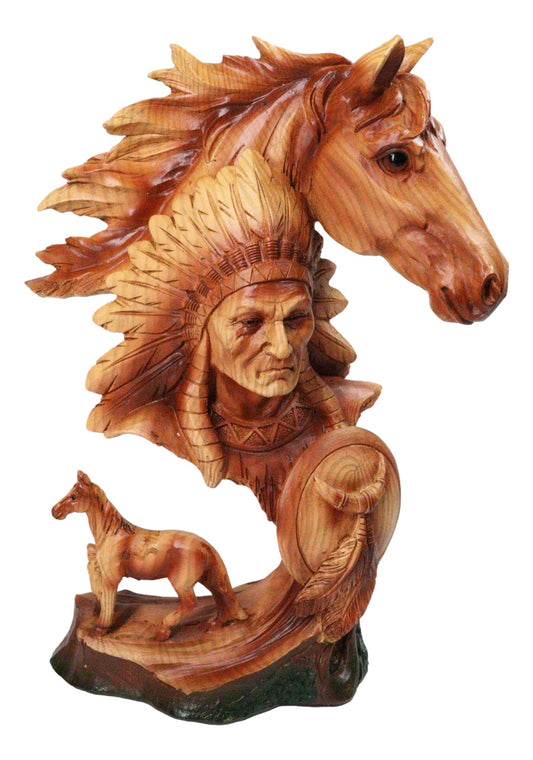 Faux Wood Horse & Native American Chief Figurine Western Tribal Headdress