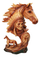 Faux Wood Horse & Native American Chief Figurine Western Tribal Headdress