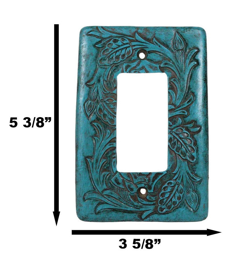 Set of 2 Western Tooled Floral Turquoise Wall Single Gang Rocker Switch Plates