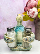 Marine Blue Shell Sea Turtle Hugging Glass Salt Pepper Shakers Holder Figurine