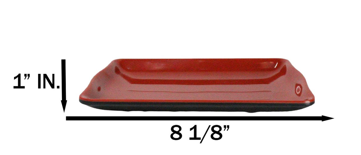 Set Of 6 Traditional Red And Black Melamine Rectangular Wavy Sushi Plates 8"L