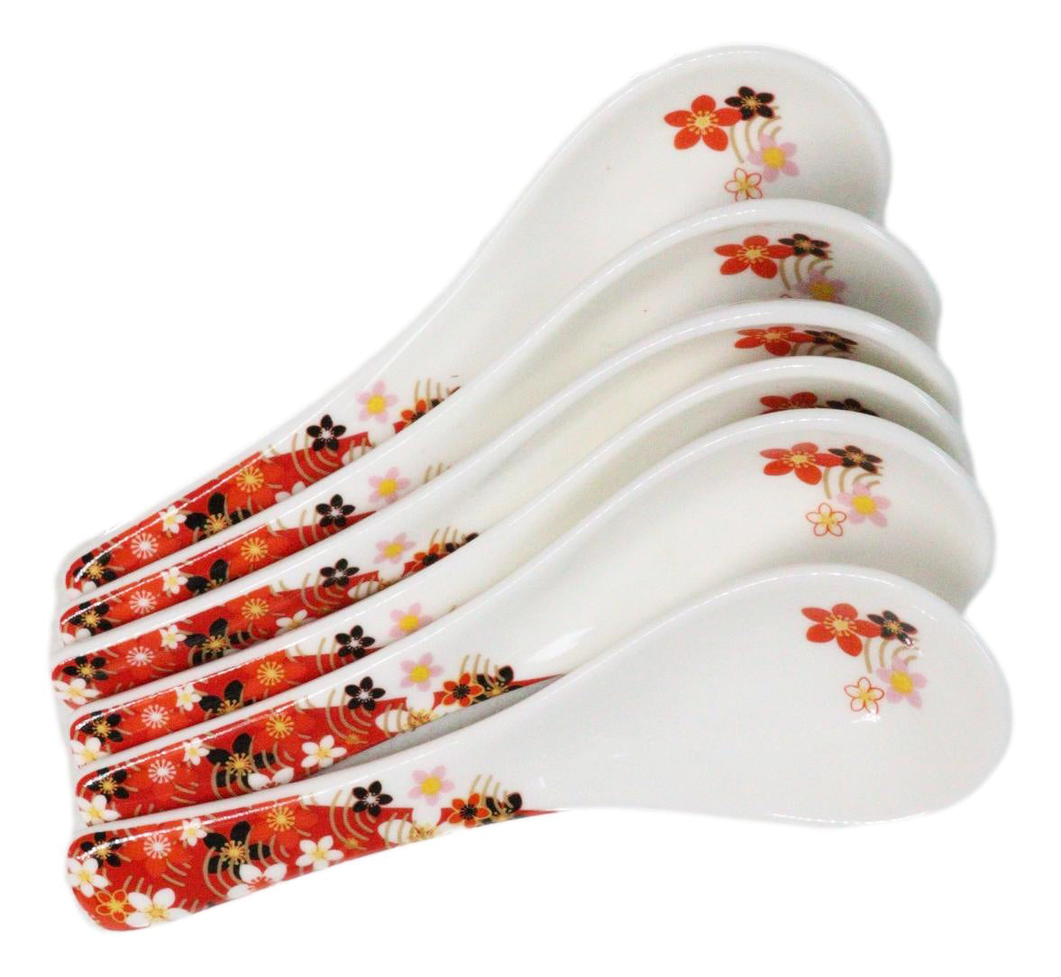 Set of 6 Sakura Cherry Blossoms Porcelain Asian Soup Spoons Japanese Ramen Pho