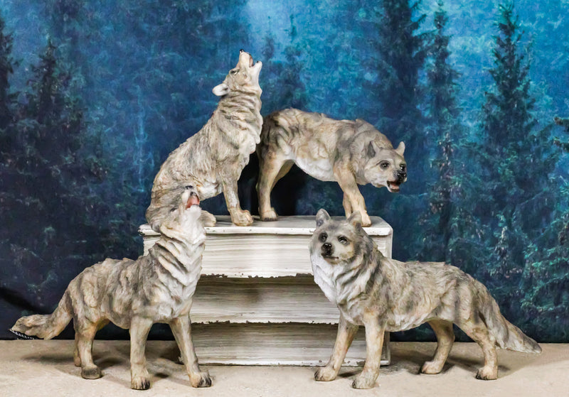 Set Of 4 Mystical Forest Woodland Alpha Gray Wolf Howling And Tracking Figurines