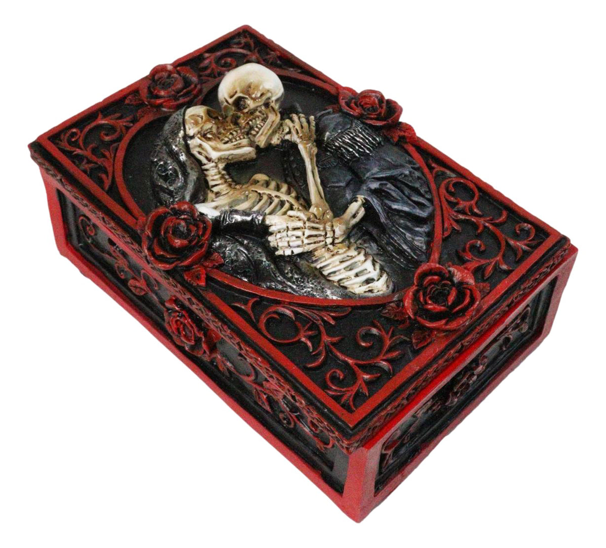 Skeleton Bride and Groom Keepsake Trinket Box with Red Roses Gothic Skull Lovers