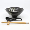 Green Bamboo Forest Black Ceramic Ramen Bowl Soup Spoon Chopsticks And Rest Set