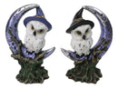 Pair of Snow Owls With Witch Hats Perching On Cratered Crescent Moon Figurines