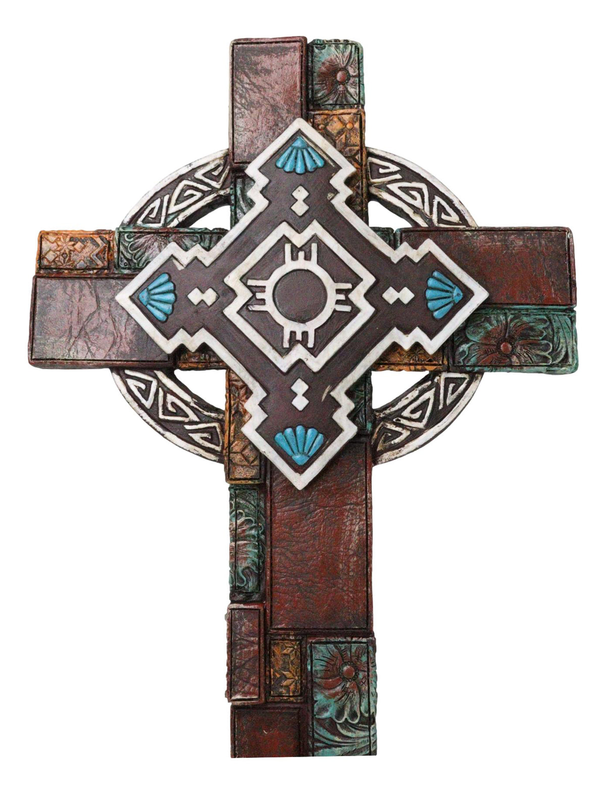 Southwestern Aztec Vector Wheel Trinity Turquoise Floral Faux Leather Wall Cross