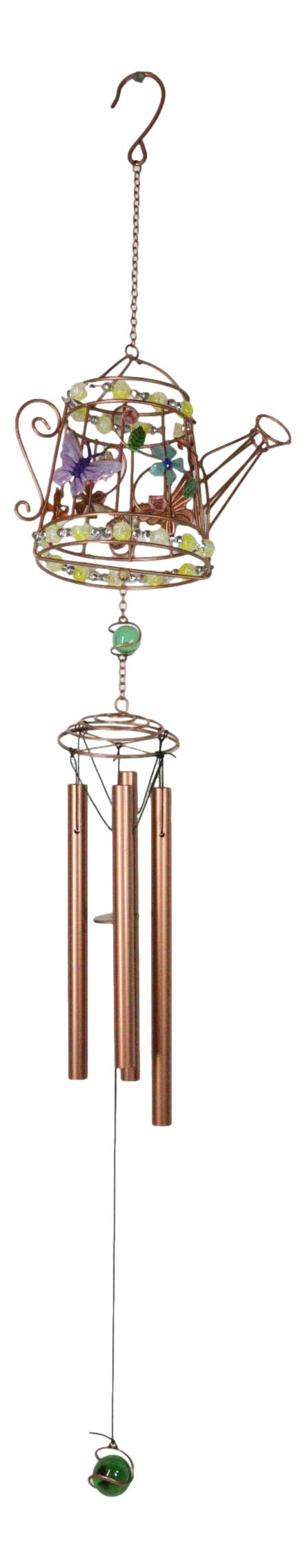 Monarch Butterflies On Garden Watering Can Art Glass Gemstones Metal Wind Chime