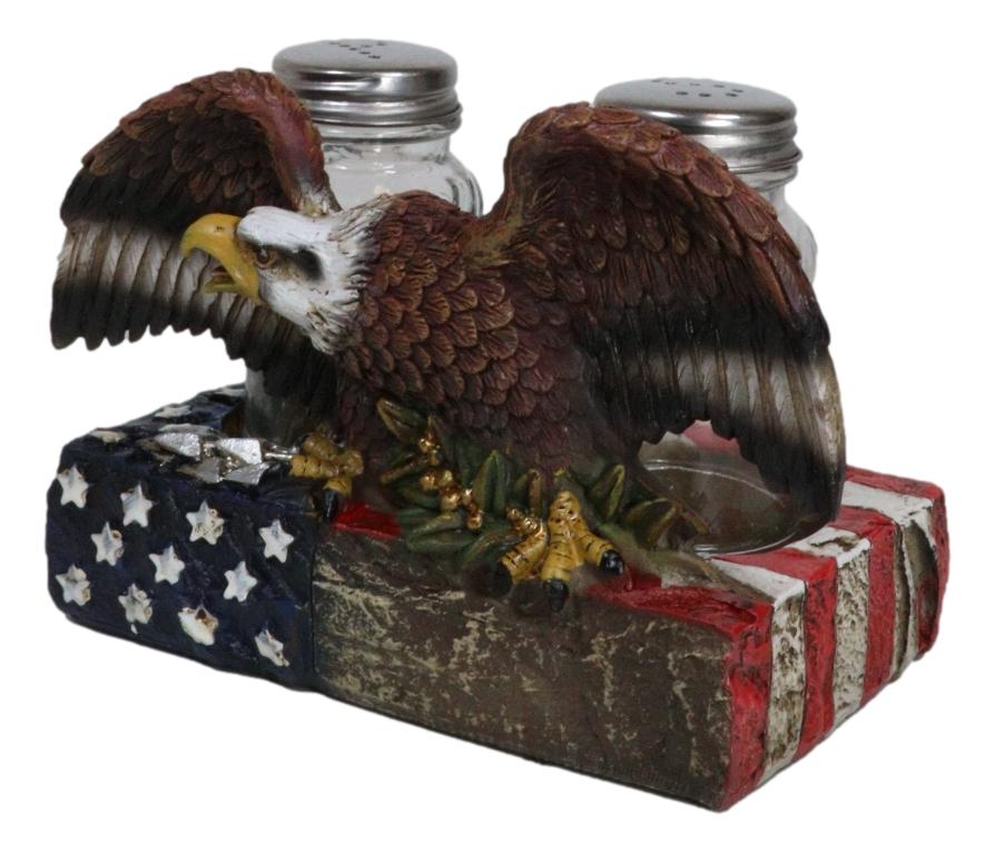 American Bald Eagle With Olive Branch On US Flag Salt & Pepper Shakers Holder