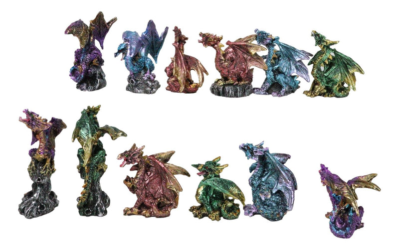 Set Of 12 Colorful Metallic Behemoth Dragons In Multiple Poses Mini Figurines
