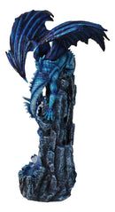 20"H Large Blue Frozen Dragon On Arch With Wyrmling By Ice Stalagmite Statue