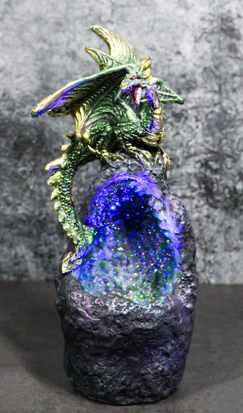 Metallic Green Gold Meteorite Dragon On Faux Geode Crystal Cavern Rock Figurine