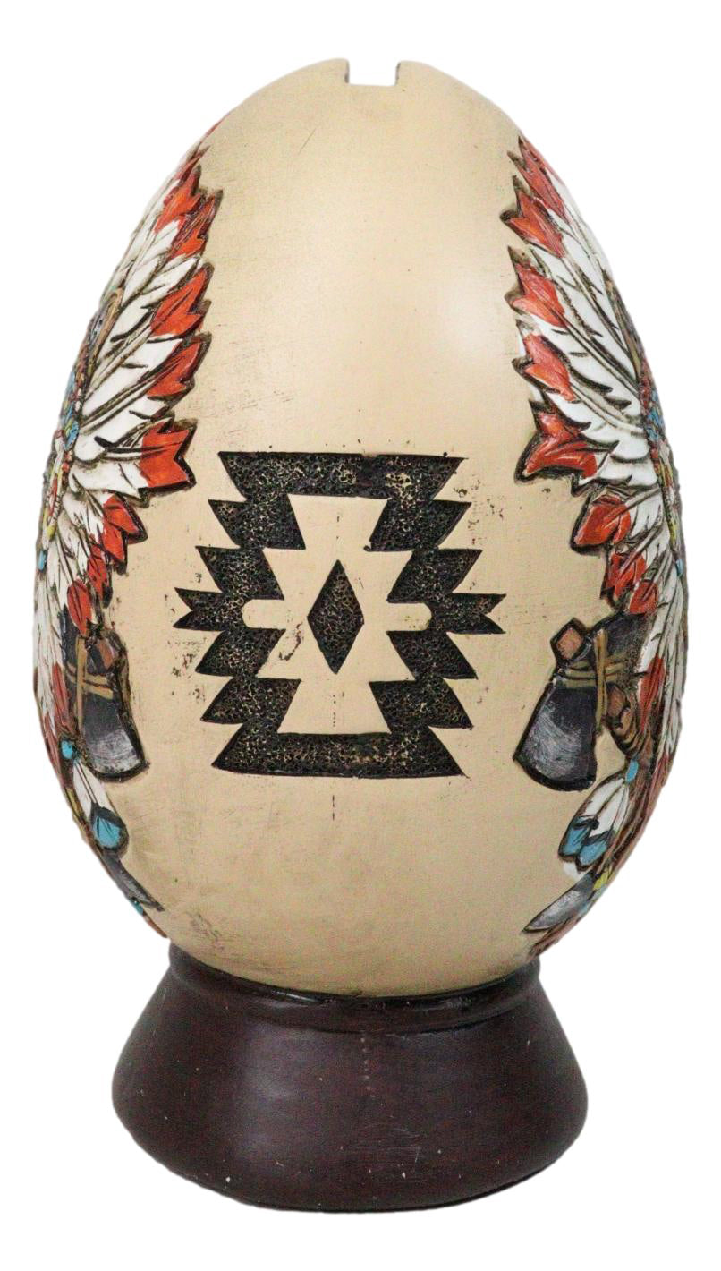 Tribal Indian Chief Wolf With Headdress Roach Egg Shaped Money Bank Figurine
