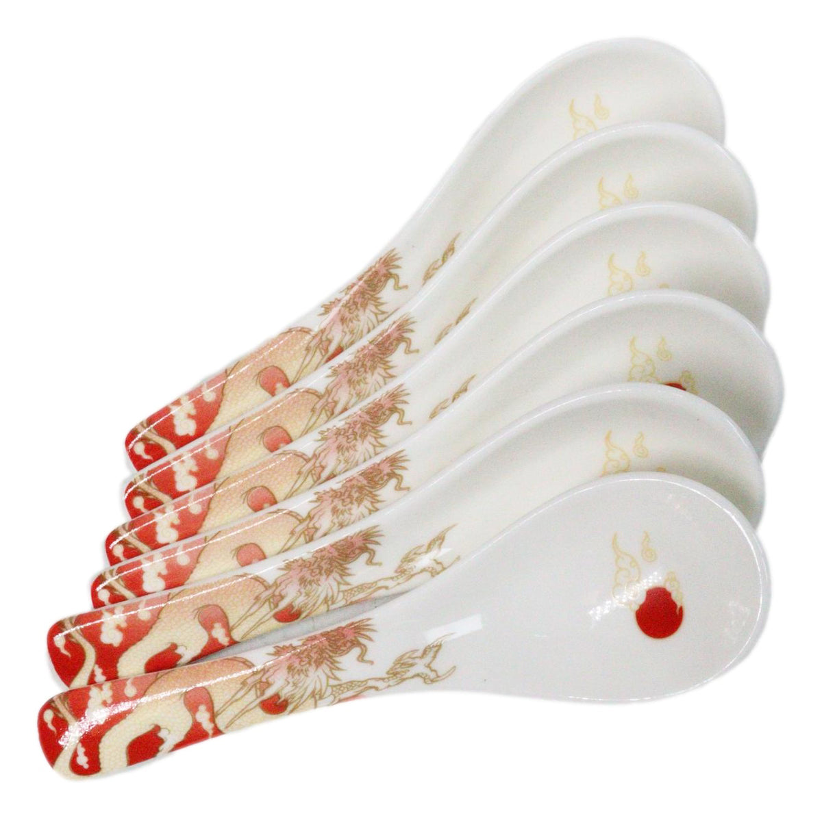 Set of 6 Red Ryu Dragon Porcelain Asian Soup Spoons Japanese Ramen Pho Wonton