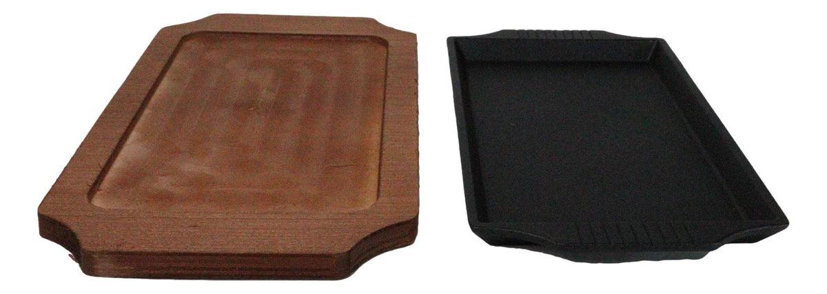Personal Size Cast Iron Rectangular Fajita Steak Pan Skillet With Wood Trivet - Ebros Gift