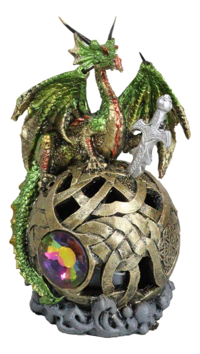 Metallic Green Treasure Dragon Perching On Colorful LED Orb Night Light Figurine