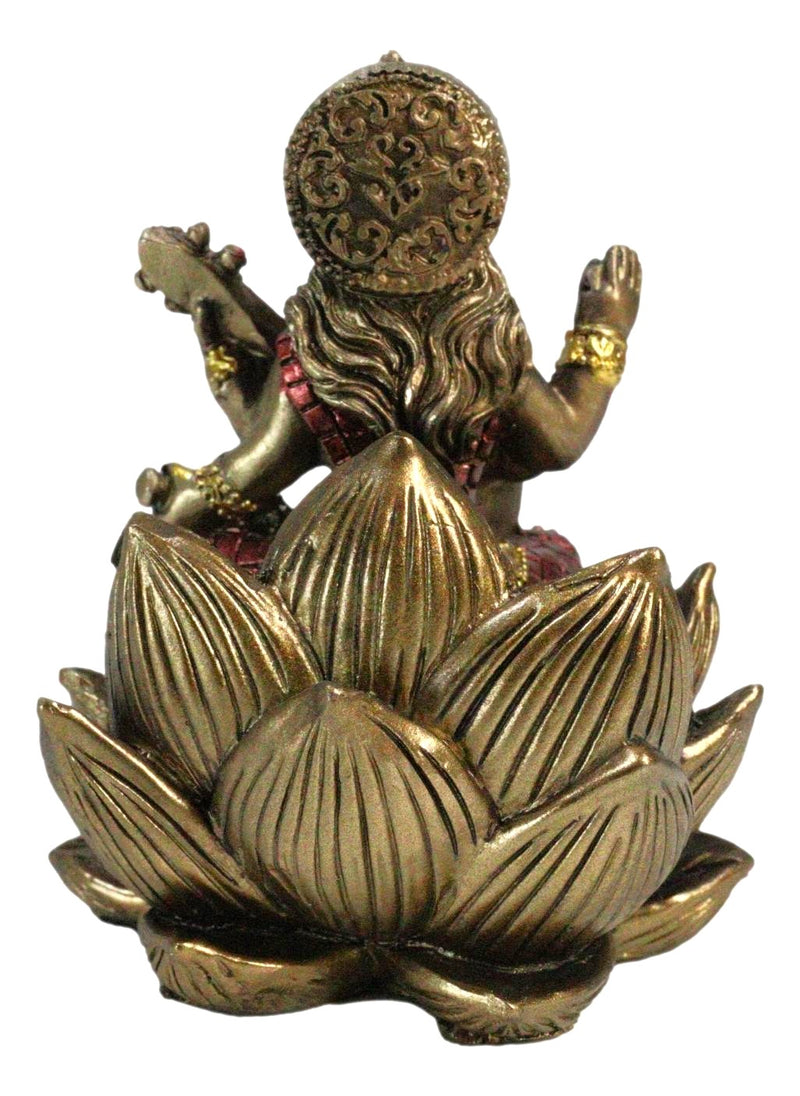 Hindu Deity Goddess Saraswati With Veena Guitar On Lotus Flower Mini Figurine