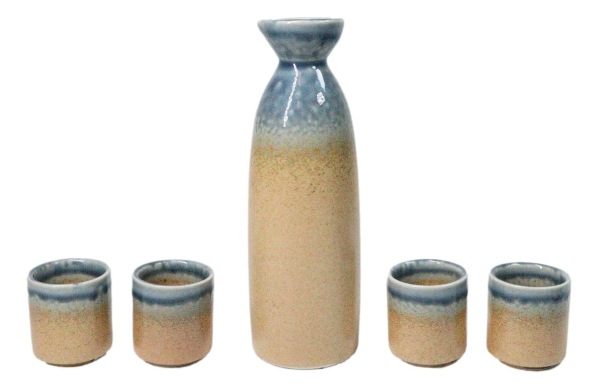 Blue Brown River Ao Nagashi Porcelain Sake Carafe Flask 9oz & 4 Ochoko Cups Set