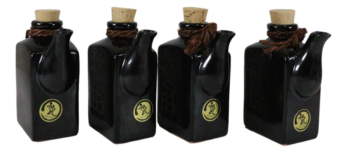 Set Of 4 Black Traditional Japan Soy Sauce Dispenser Flask 9oz Calligraphy - Ebros Gift