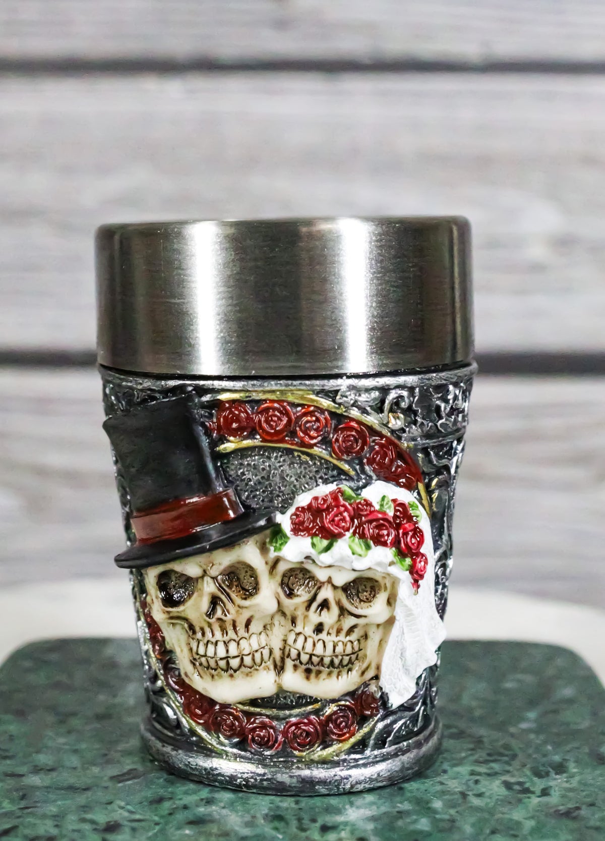Pack of 4 Gothic Love Never Dies Skeleton Bride And Groom Shooter Shot Glasses - Ebros Gift