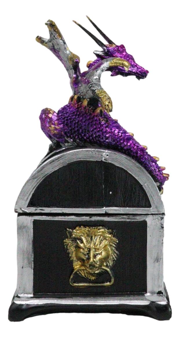 Purple Midnight Dragon Guarding Lion Treasure Chest Small Trinket Box Figurine