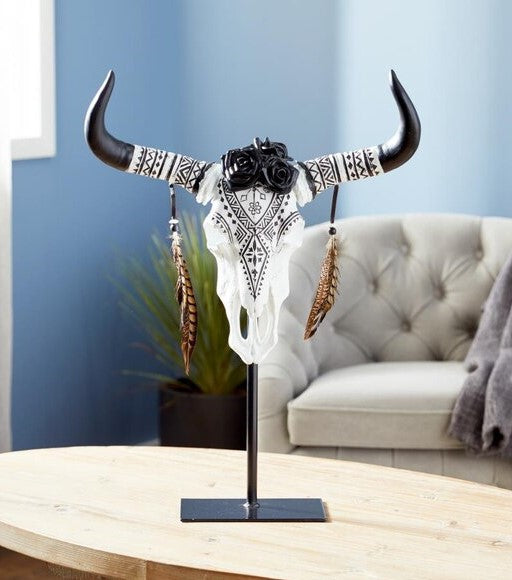 Rustic Western Tribal Tattoo Black Roses Longhorn Cow Skull Desktop Plaque