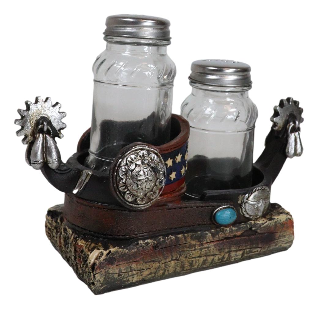 Western Cowboy Boot Spurs USA Flag Conchos Faux Leather Salt Pepper Shakers Set - Ebros Gift
