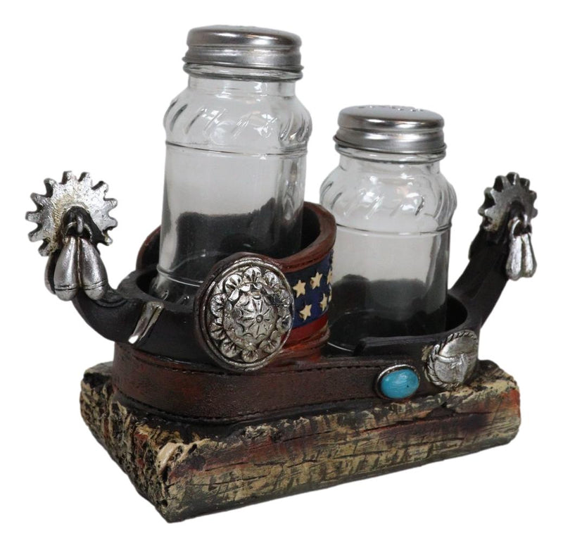 Western Cowboy Boot Spurs USA Flag Conchos Faux Leather Salt Pepper Shakers Set