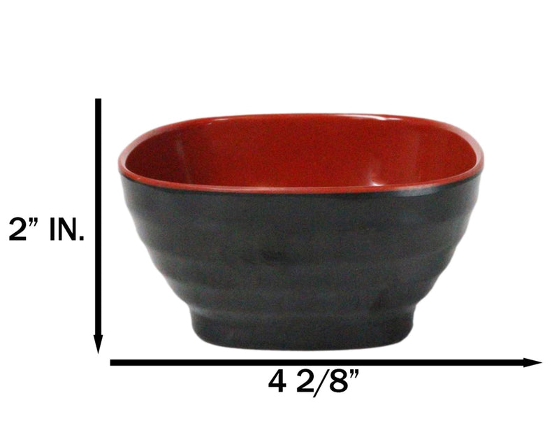 Set Of 6 Red And Black Square Ridged Small Soup Salad Rice Melamine Bowls 4.5"L