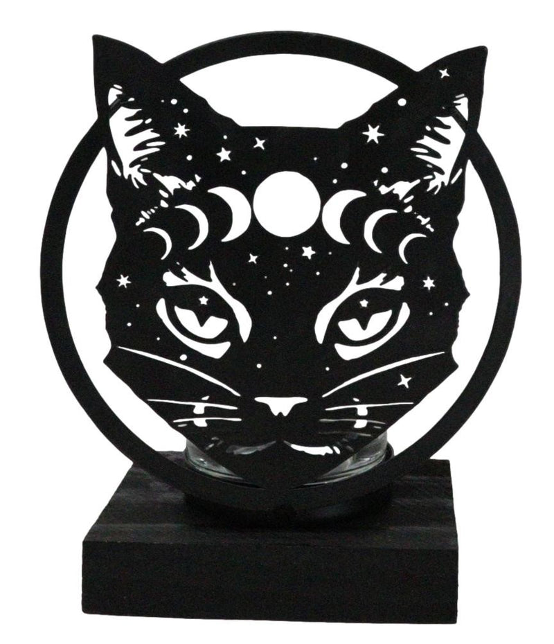 Wicca Phases of The Moon Celestial Black Cat Metal Votive T-Lite Candle Holder