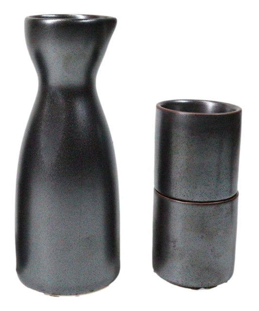 Porcelain Black Iron Clay Tetsu Kesho Japanese Wine Sake Flask With 2 Cups Set