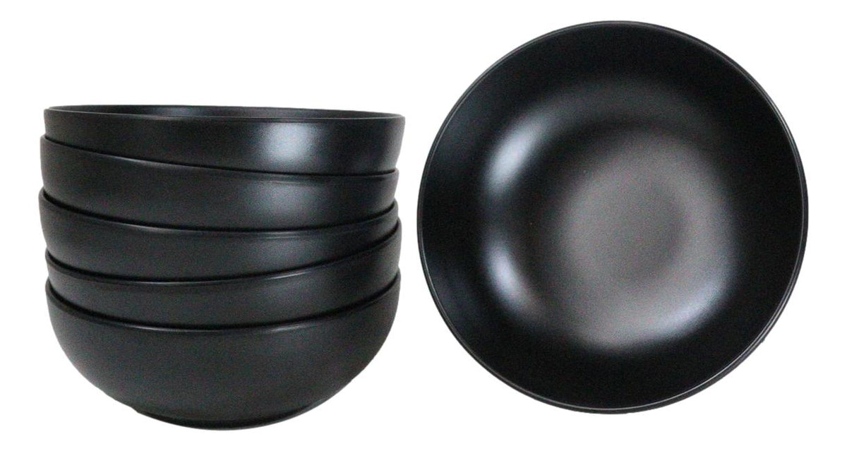 Pack Of 6 Modern Matte Black Melamine Round Appetizer Rice Shallow Bowls 16oz