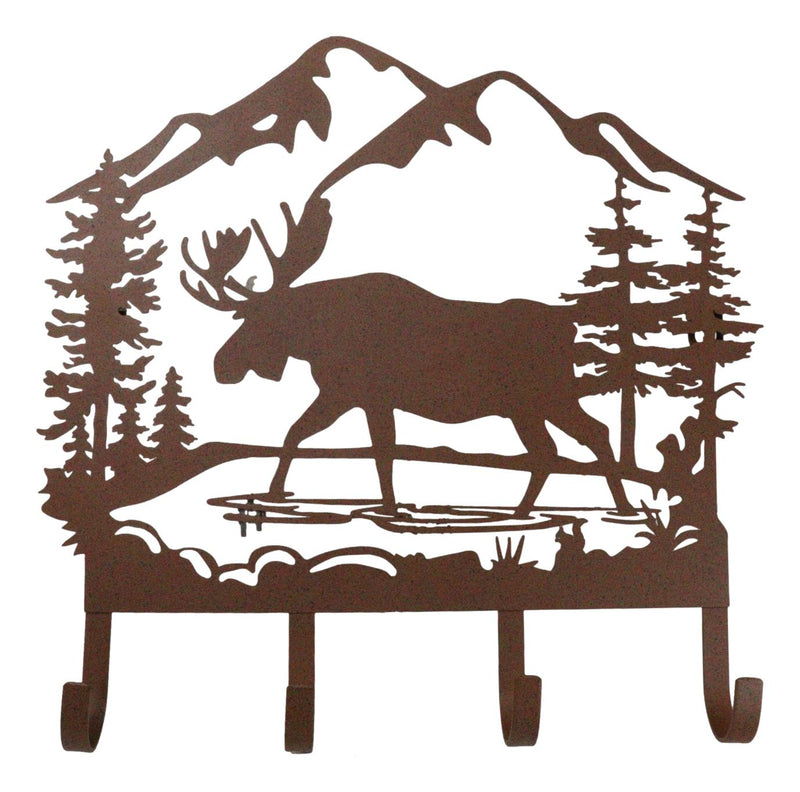 Rustic Western Moose Deer By Pine Forest Mountain 4-Peg Wooden Wall Hooks Plaque