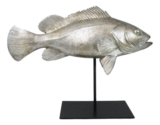 Ocean Marine Silver Tone Serranidae Grouper Fish Sculpture On Metal Pole Stand