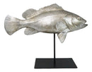Ocean Marine Silver Tone Serranidae Grouper Fish Sculpture On Metal Pole Stand