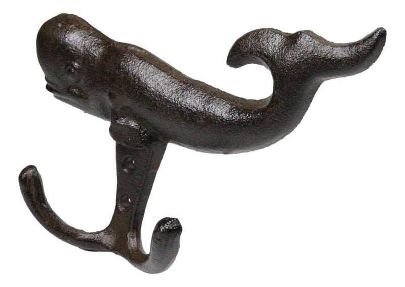 Set Of 2 Cast Iron Rustic Nautical Marine Sea Sperm Whale Double Wall Coat Hooks