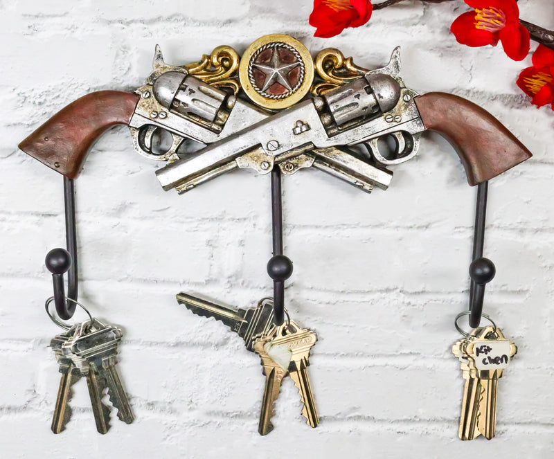 Rustic Western Old World Dual Six Shooter Gun Pistols With Lone Star 3 Pegs Hook