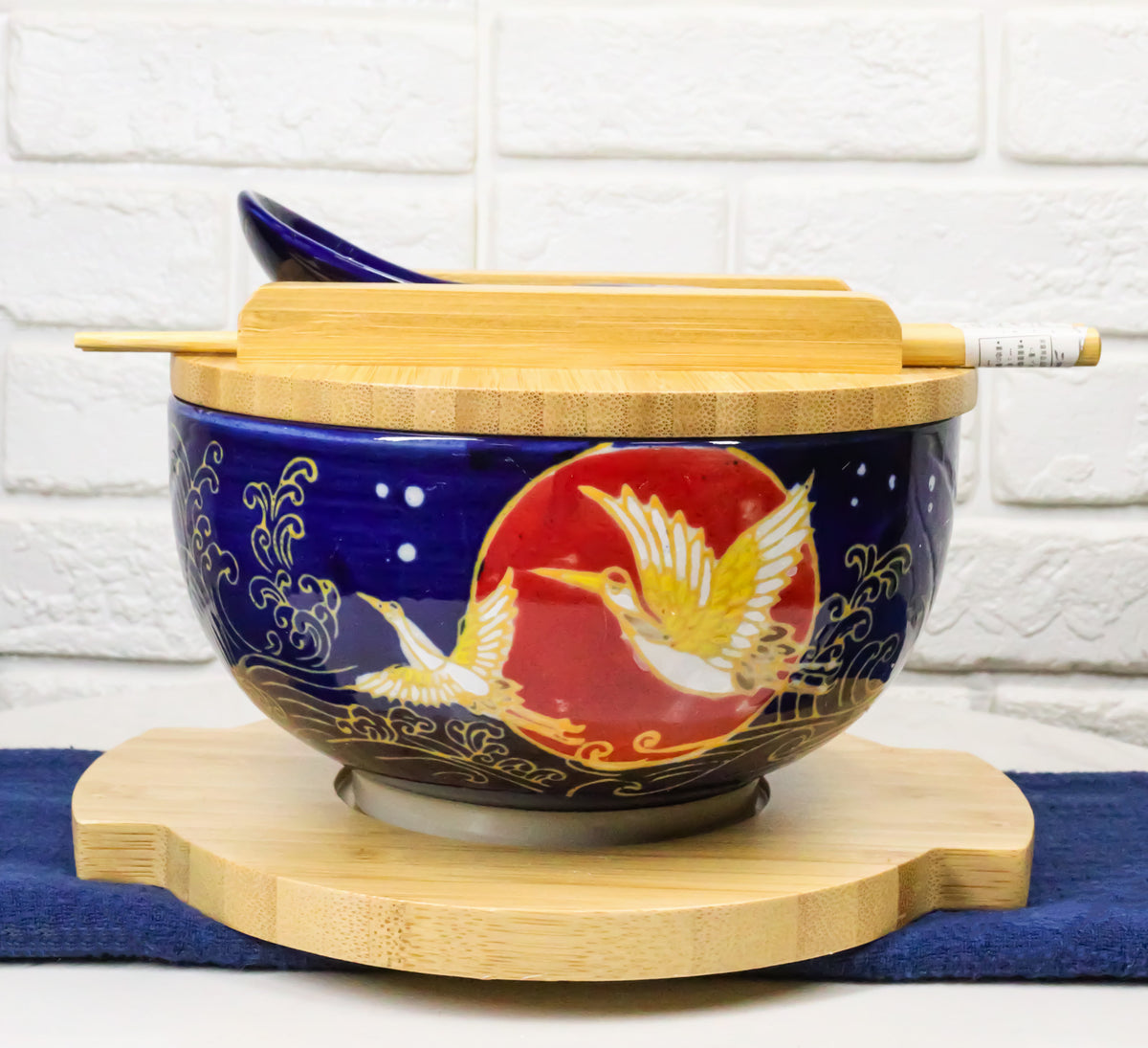 Red Moon Golden Crane Donburi Ramen Bowl With Lid Trivet Spoon Chopsticks Set - Ebros Gift