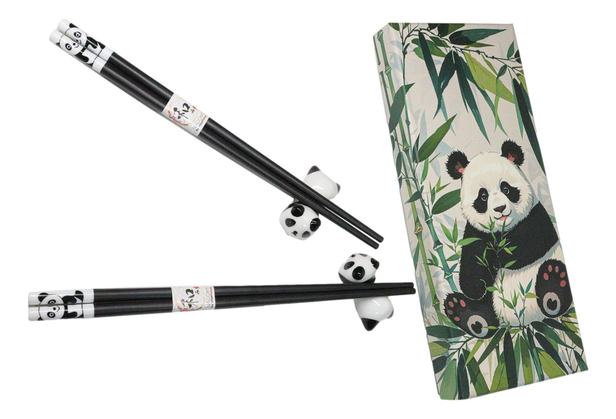 White And Black Giant Panda Bears Set of 2 Chopsticks And Ceramic Rests Set